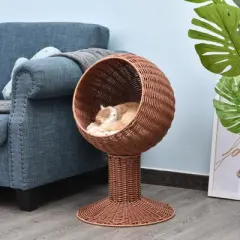 DSVIMOY Elevated Cat Bed with Rotatable Egg Chair Pod, Cat Basket Bed with Thick Cushion, Brown, 17"*15.3"*26.8"