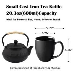 Itopfox Small Cast Iron Teapot with Stainless Steel Infuser for Loose Leaf Tea & Coffee, Stovetop Safe, Enamel Interior, Japanese Style, Black