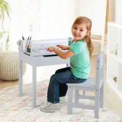 Costway Toddler Craft Table & Chair Set Kids Art Crafts Table withPaper Roll Holder Grey/White