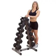 Body-Solid Rubber Dumbbell Set with Rack and Vinyl Mat - 5-30lbs