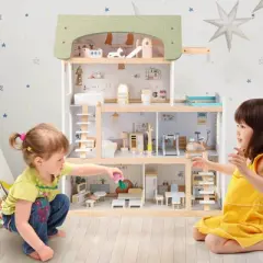 Costway Kids Wooden Dollhouse 4-Story Modern Doll House with 33Pcs Furniture Accessories