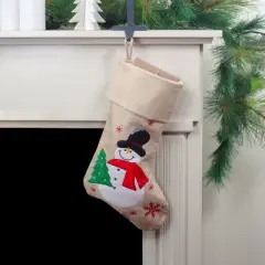 Northlight 19" Burlap Standing Snowman With a Tree and Snowflakes Christmas Stocking