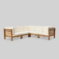 Oana 5pc Acacia Wood V-Shaped Sectional Sofa Set Teak/Beige - Christopher Knight Home