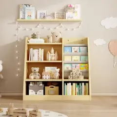 KWPZQEB Kids Bookshelf and Toy Storage - 4 Tier Wooden Kids Book Shelf with Sling Book Rack, Toddler Bookshelf for Nursery, Montessori Toy Organizer