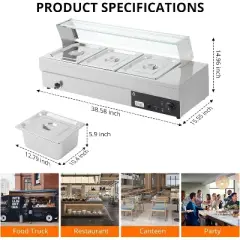 3x12QT Food Warmer 1500W Bain Marie Buffet Pan Steam Table 3-Pan With Glass Shield & Adjustable Temp & Auto Shut Off & Dry Burning Indicator