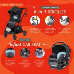 Baby Trend Modular Stroller Sonar Switch Travel System with Ally Infant Car Seat with Parent-Facing, Forward-Facing Configurations, Desert Blue