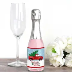 Big Dot of Happiness Merry Little Christmas Tree - Mini Wine and Champagne Bottle Label Stickers - Red Truck Christmas Party Favor Gift - Set of 16