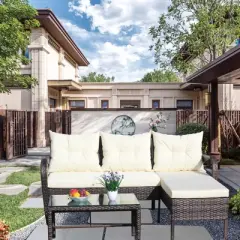 FIONECA 3-Piece Outdoor Patio Furniture Set, Wicker Rattan Conversation Sofa with Cushions, Beige