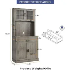 Kitchen Pantry Cabinet, 71"H Hutch Storage Cabinet with Microwave Stand, Freestanding Buffet Cabinet with Shelf and Glass Doors for Home Dining Room