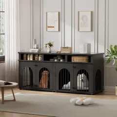 Double Dog Crate Furniture 71" Dog Kennel Furniture for 2 Medium Dogs, Heavy Duty Dogs Cage XL Dogs House w/3 Storage Shelves, Large Puppy Crates