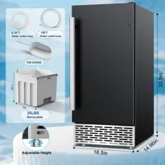 Hooure 15 in. 120 lbs./24 H Half Size Cube Commercial Freestanding/Undercounter Ice Maker with 30 lbs. Storage Bin in Black