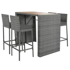 5-Piece Outdoor Wicker Counter Height Dining Set with Removable Cushion and Acacia Wood Table Top