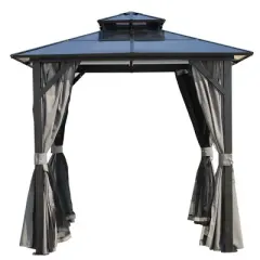 8 ft. x 8 ft. Hardtop Outdoor Gazebo, Polycarbonate Double Roof BBQ Gazebo with Aluminum Frame, Storage Hooks, Curtains
