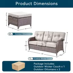 Gymojoy 3 Pieces Outdoor 3-Seat Sofa with Ottomans