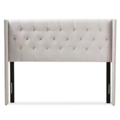 Ally Modern and Contemporary Fabric Button Tufted Nail Head Winged Headboard King Light Beige Gray - Baxton Studio
