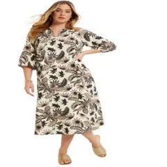 June + Vie by Roaman's Women&rsquo;s Plus Size Halcion Midi-Length Lino Soleil Shirtdress