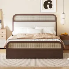 Queen Size Wooden Platform Bed with Trundle and 2 Drawers, Rattan Accents Bed 4S - ModernLuxe