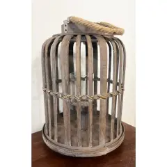 Essential Decor & Beyond 14.5" Natural Bamboo Glass Candle Holder Tabletop Lantern With Rope Handle