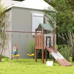 Qaba Kids Swing Set for Backyard, Playground Set with 6 FT Slide, 2 Adjustable Swings, Fort with Canopy, Ground Stakes for Ages 3-8, Brown