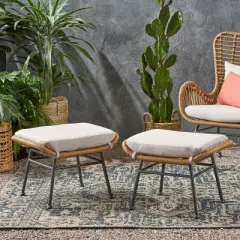 GDFStudio Alick Outdoor Wicker Ottomans with Cushion (Set of 2)