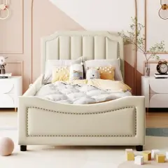 Twin Size Upholstered Daybed Platform Bed with Classic Stripe Shaped Headboard-ModernLuxe