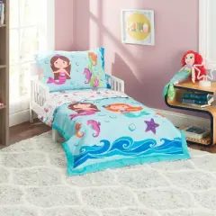 EVERYDAY KIDS 4 Piece Toddler Bedding Set -Undersea Mermaids Adventure- Includes Comforter, Flat Sheet, Fitted Sheet and Reversible Pillowcase