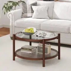 Costway Wooden 31" Round Coffee Table with Tempered Glass Top Handmade Rattan Shelf