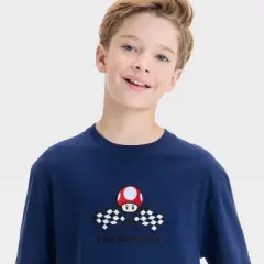 Boys' Super Mario Kart Embroidered Front and Back Graphic Oversized Short Sleeve T-Shirt - Navy Blue