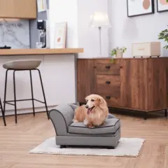 Teamson Pets Luxurious Upholstered Ivan Chaise Lounge Sofa Dog Bed with Removable Cushion and Underneath Storage for Cats & Extra-Small Dogs, Gray