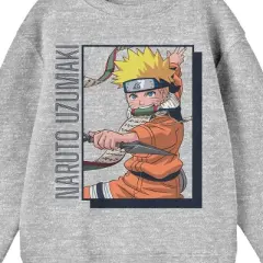 Naruto Classic Naruto Uzumaki Name Text and Character Youth Heather Gray Crew Neck Sweatshirt