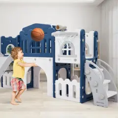 8 In 1 Toddler Slide with Basketball Hoop, Telescope, Steering Wheel, Tunnel, Ball and Storage Space