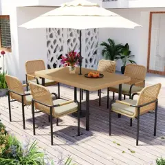 FIONECA 7-Piece Outdoor Wicker Patio Dining Set with Plastic-Wood Table Top, Umbrella Hole, Oatmeal Cushions &uml;C Backyard, Garden & Poolside Furniture