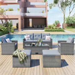 ELJGET 6 Pieces All-Weather PE rattan Patio Furniture Set, Outdoor Wicker Conversation Set with Dining Table, Ottomans, Removable Cushions