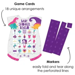 Big Dot of Happiness Roar Dinosaur Girl - Picture Bingo Cards and Markers - Dino Mite Trex Baby Shower Shaped Bingo Game - Set of 18