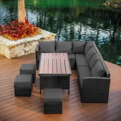 Nestl Outdoor Patio Dining Set - 7 Piece Wicker Patio Set with Dining Table, Sectional Sofa, & 3 Ottomans