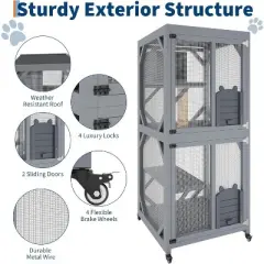 Acekool 68" Outdoor Cat Enclosure on Wheels, Weatherproof Roof, 4 Platforms, Resting Box & Scratch Post, Portable Catio House, Grey