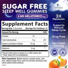 Melatonin Sleep Gummies Sugar Free, 6 mg Natural Melatonin Sleep Adults, Extra Strength Sleep Gummy Supplements - 120 Gummies By Nature's Nutrition