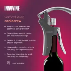Innovine Vertical Lever Corkscrew, Gear-Driven Wine Opener with Non-Stick Worm, Heavyweight, Durable Construction, Perfect for Home Bar, Set of 1