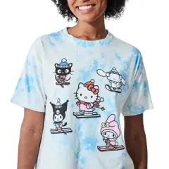 Hello Kitty & Friends Characters Skiing Women's Blue Cloud Wash Crew Neck Short Sleeve T-shirt