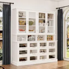 Famapy Multi-Functional Kitchen Cabinet & Pantry,Large - Capacity Food Storage Cabinet with Glass Doors,Easy Organization & Display for Home Kitchen