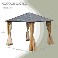 Aoodor Wood Grain Aluminum Gazebo Hardtop Black Steel Roof with Curtain&Netting