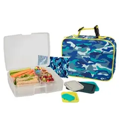 Bentology Lunch Bag and Box Set for Kids - Boys Insulated Lunchbox Tote, Bento Box, 5 Containers and Ice Pack - 9 Pieces - Shark Camo