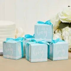 Sparkle and Bash 50 Pack "Its a Boy" Baby Shower Party Favors Treat Boxes, Paper Gift Box with Ribbons, Blue