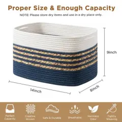 Aoibox Woven Cotton Rope Storage Basket Rectangle with Handles Navy Blue 14x8x9 Inch for Toys Towels Organizing