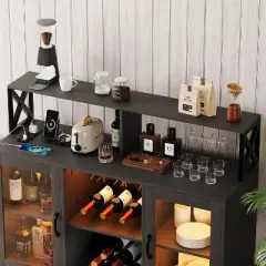 Bar Cabinet with Power Outlets, Led Lights and Glass Holder, Storage Buffet Cabinet