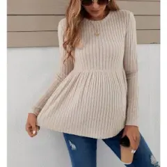 Coolmee Womens Maternity Tops Long Sleeve Pregnancy Tunic Blouses Crew Neck Ribbed Shirts Pregnant Clothes