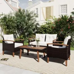 4 Piece Wicker Outdoor Patio Conversation Sets,PE Rattan Sectional Sofa Set,Garden Furniture Sets with Wood Coffee Table and Cushions-Coolbibila