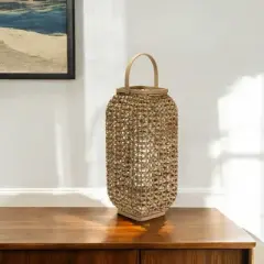 HomeRoots 20" Natural Distressed Woven Glass And Wicker Floor Lantern Candle Holder