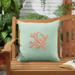 Sunbrella Indoor/Outdoor Coral Embroidered Throw Pillow Green - Sorra Home: Weather-Resistant, Square Canvas Spa Design