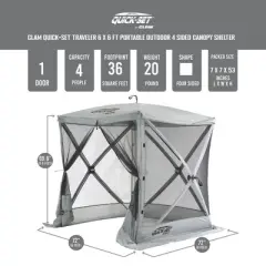CLAM Quick-Set Traveler Portable Pop Up Outdoor Camping Gazebo Sided Canopy Shelter with Ground Stakes and Carrying Bag